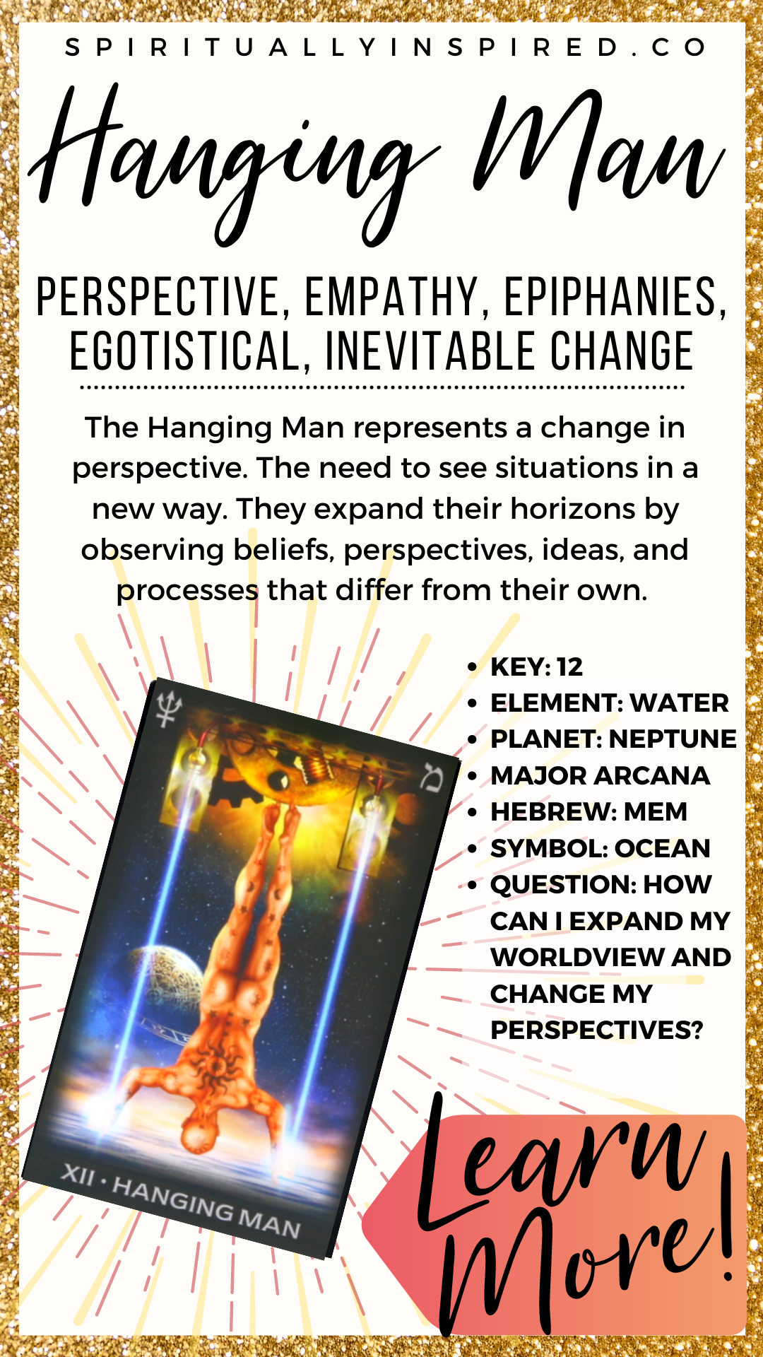 The Hanging Man represents a change in perspective. The need to see situations in a new way. They expand their horizons by observing beliefs, perspectives, ideas, and processes that differ from their own.