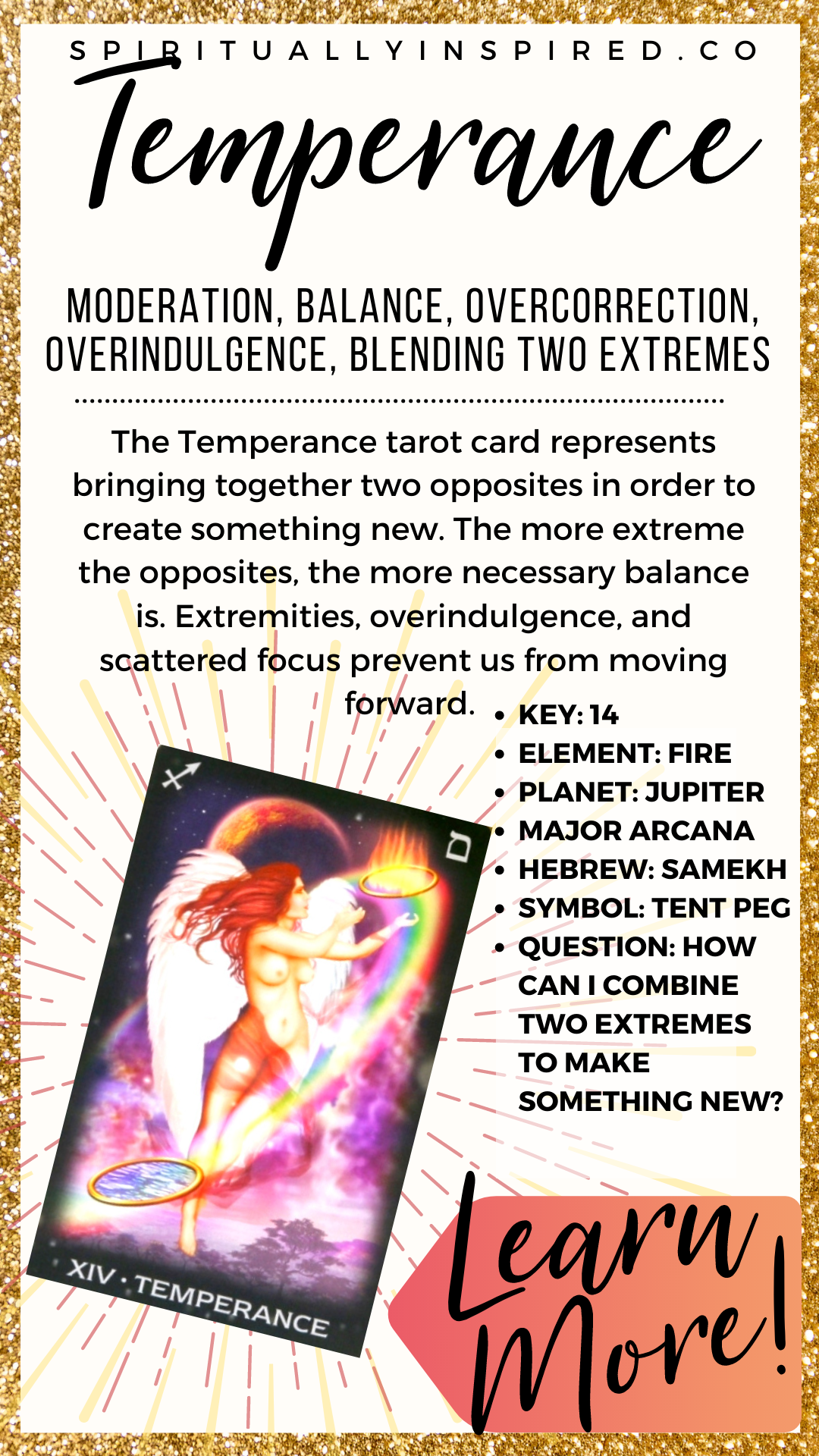 The Temperance tarot card represents bringing together two opposites in order to create something new. The more extreme the opposites, the more necessary balance is. 