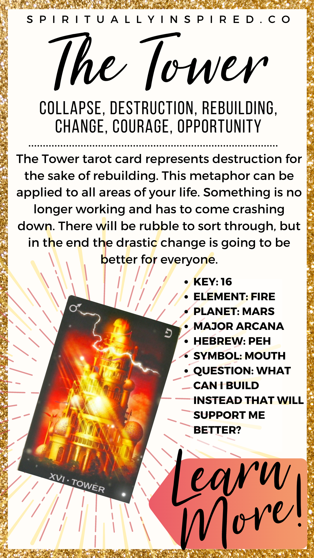 The Tower tarot card represents destruction for the sake of rebuilding. Something is no longer working and has to come crashing down. 